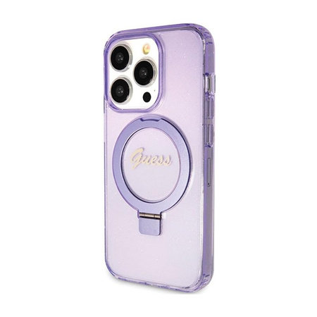 Guess Ring Stand Script Glitter MagSafe - pouzdro pro iPhone 15 Pro Max (fialové)