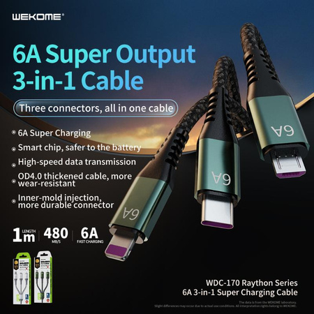 WEKOME WDC-170 Raython Series - 3-in-1 USB-A auf USB-C + Lightning + Micro USB Schnelllade-PD-Anschlusskabel 1,2 m (Silber)