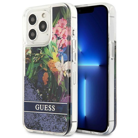 Guess Liquid Glitter Flower - pouzdro pro iPhone 13 Pro Max (modré)