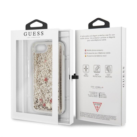 Guess Liquid Glitter Hearts - Etui iPhone SE 2020 / 8 / 7 (złoty/czerwony)