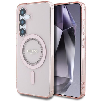 Guess Strasssteinchen gedrucktes klassisches Logo MagSafe - Hülle für Samsung Galaxy S25 (rosa)