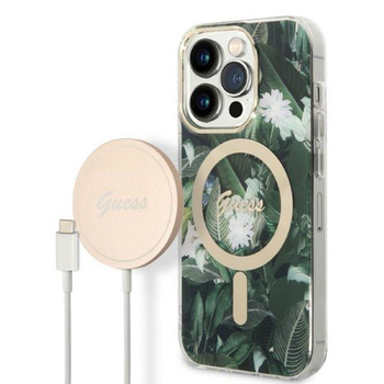 Guess Bundle Pack MagSafe IML Jungle - MagSafe iPhone 14 Pro Max Case + Charger Set (khaki/gold)