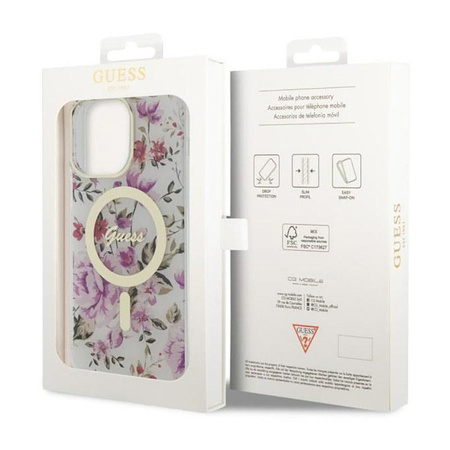 Guess Flower MagSafe - pouzdro pro iPhone 14 Pro (průhledné)