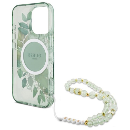 Guess IML Flowers With Pearl Strap Étui MagSafe pour iPhone 16 Pro (vert)