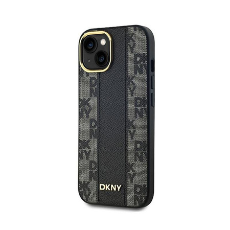 DKNY bőrből készült, kockás, egyszínű mintás MagSafe - iPhone 15 Plus / 14 Plus tok (fekete)