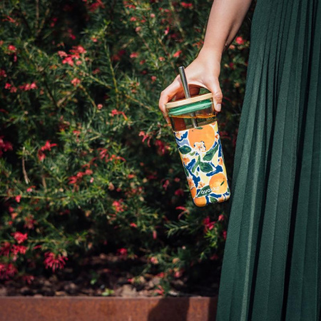 Quokka Liquid Cube - 540 ml Glass Cup with Stainless Steel Straw (Oranges)