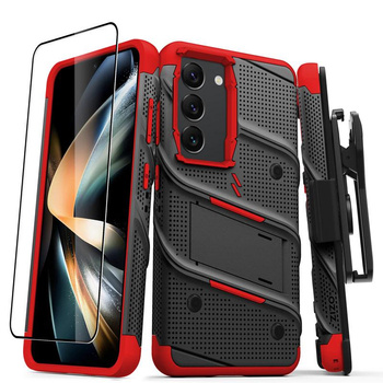 ZIZO BOLT Serie - Samsung Galaxy S23 Panzerhülle mit 9H Glas für Bildschirm + Halterung mit Ständer (schwarz / rot)