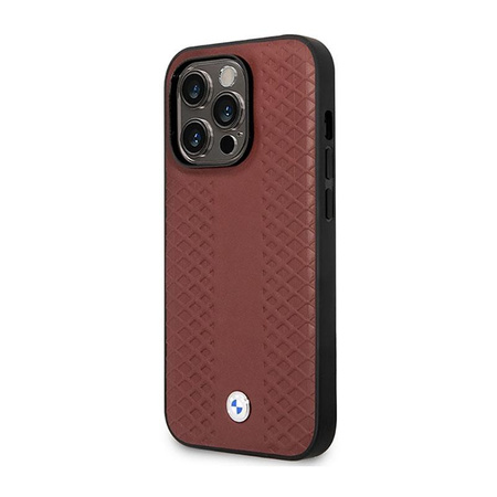BMW Leather Diamond Pattern - Tasche für iPhone 14 Pro (Burgundisch)