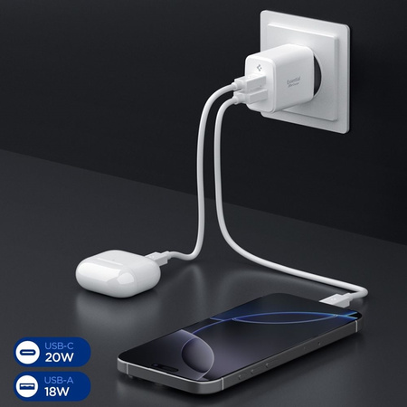 Spigen Essential EE202EU GaN Pro - Caricabatterie da muro USB-C + USB-A 20W (bianco)