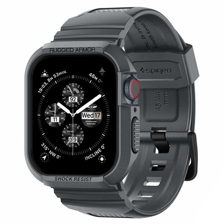 Spigen Rugged Armor Pro - Bracelet avec étui pour Apple Watch 4/5/6/7/8/9/SE 44/45 mm (Gris foncé)