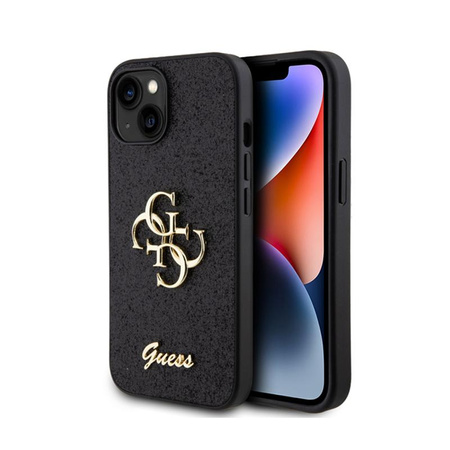 Guess Glitter Script Big 4G - pouzdro pro iPhone 15 (černé)