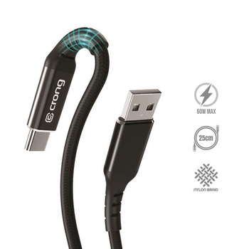 Crong Armor Link - 60W 3A USB-A na USB-C opletený kabel Power Delivery 25cm (černý)