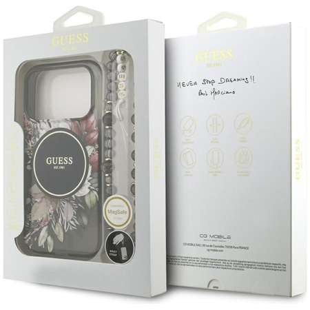 Guess IML Flowers Electro Pearl Strap MagSafe - Pouzdro iPhone 17 Pro (černý)