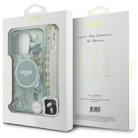 Guess IML Flowers With Pearl Strap Étui MagSafe pour iPhone 16 Pro (vert)