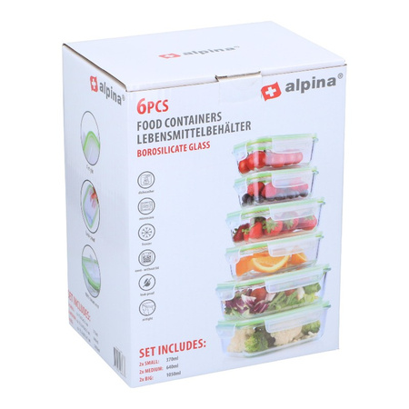 Alpina - Set di 6 contenitori per alimenti in vetro con coperchio lunchbox 370 ml / 640 ml / 1050 ml