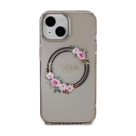 Guess IML Flowers Wreath MagSafe - Hülle für iPhone 15 (Schwarz)