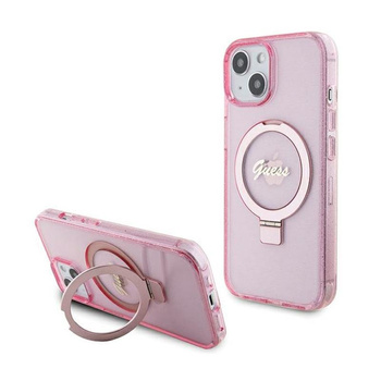 Guess Ring Stand Script Glitter MagSafe - iPhone 15 Plus Tasche (rosa)