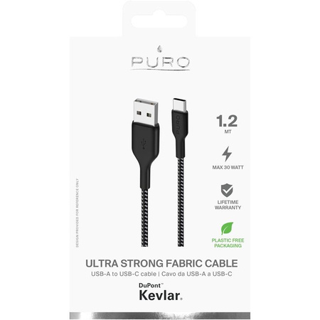 PURO Fabric Ultra Strong - Nagy teherbírású USB-A / USB-C fonott kábel 1.2m (fekete)