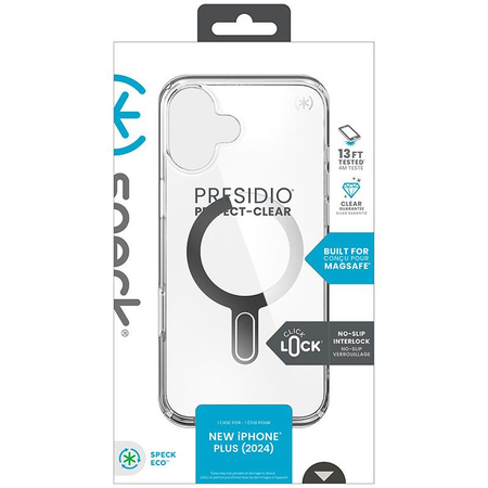 Speck Presidio Perfect-Clear ClickLock e MagSafe - Custodia per iPhone 16 Plus (Trasparente / Finitura cromata / Argento Serene)