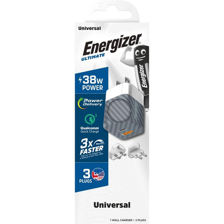 Energizer Ultimate - Multiplug EU / UK / US GaN USB-C & USB-A 38W PD + QC3.0 travel charger (Silver)