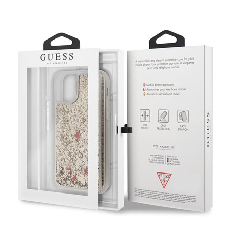 Guess Liquid Glitter Hearts - iPhone 11 Pro Tasche (Gold/Rot)
