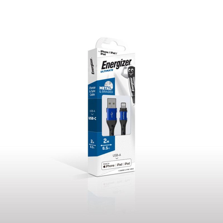 Energizer Ultimate - Câble de connexion USB-A vers Lightning certifié MFi 2m (Bleu)