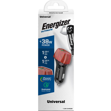 Energizer Ultimate - USB-C és USB-A 38W PD + QC3.0 autós töltő (diófa)