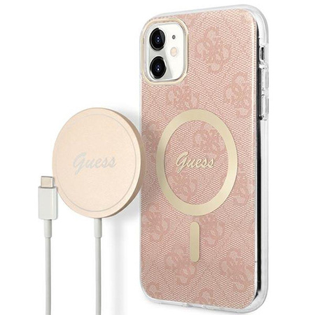Guess Bundle Pack MagSafe 4G - Kit étui + chargeur MagSafe pour iPhone 11 (rose/doré)