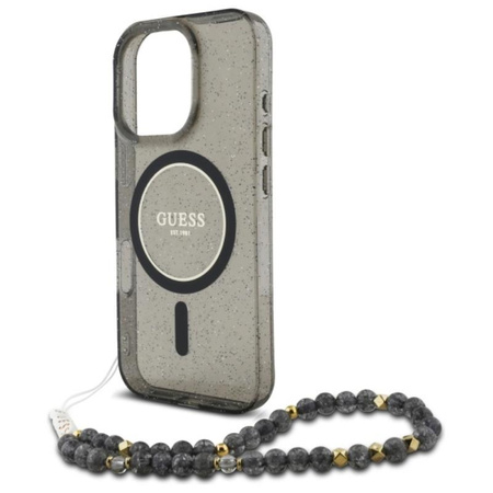 Pouzdro Guess IML Glitter With Pearl Strap MagSafe - iPhone 16 Pro (černé)