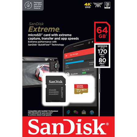 SanDisk Extreme microSDXC - Memóriakártya 64 GB A2 V30 UHS-I U3 170/80 MB/s adapterrel