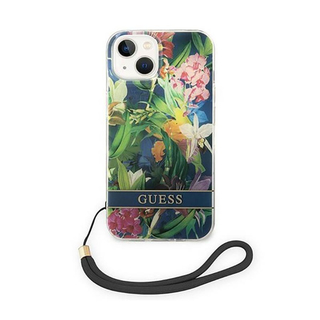 Guess Flower Cord - Etui ze smyczką iPhone 14 (niebieski)