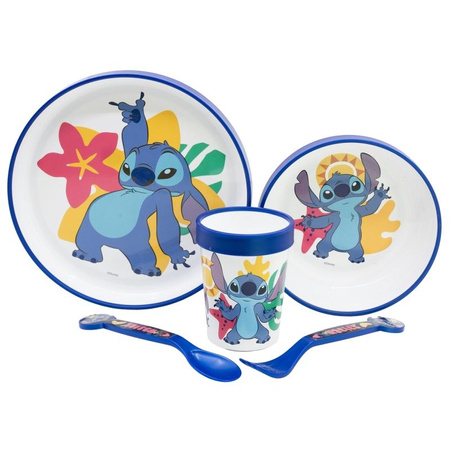 Disney Stitch - Csúszásmentes mikrohullámú edénykészlet 5 db. (tányér, tál, csésze, villa, kanál)