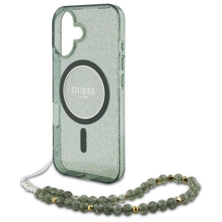 Guess IML Glitter With Pearl Strap MagSafe - pouzdro pro iPhone 16 (zelené)