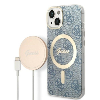 Guess Bundle Pack MagSafe 4G - MagSafe iPhone 14 Plus Tasche + Ladegerät-Set (blau/gold)