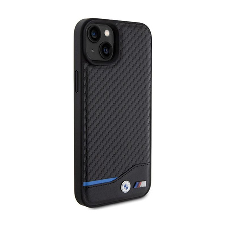 BMW Leather Carbon Blue Line - tok iPhone 15 Plus készülékhez (fekete)