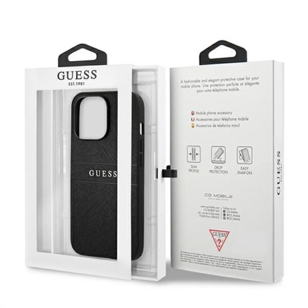 Guess Saffiano fém logós csíkok - iPhone 13 Pro tok (fekete)