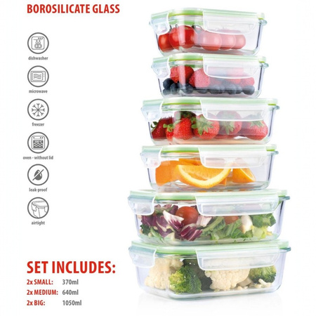 Alpina - Set di 6 contenitori per alimenti in vetro con coperchio lunchbox 370 ml / 640 ml / 1050 ml