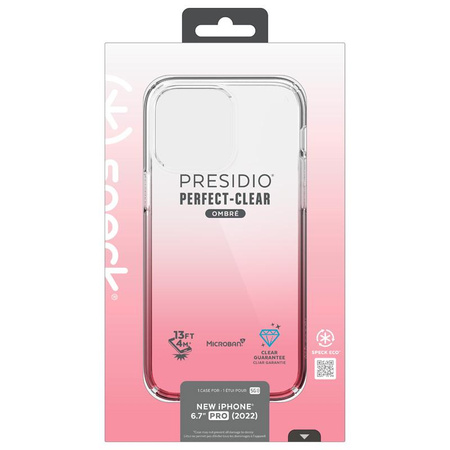 Speck Presidio Perfect-Clear + Ombre - pouzdro pro iPhone 14 Pro Max s povrchovou úpravou MICROBAN (čiré / Vintage Rose Fade)