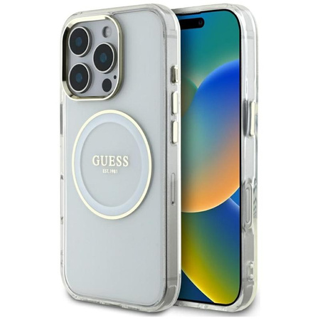 Guess IML Metal Coloured Circle Classic Logo MagSafe - étui pour iPhone 16 Pro (blanc)