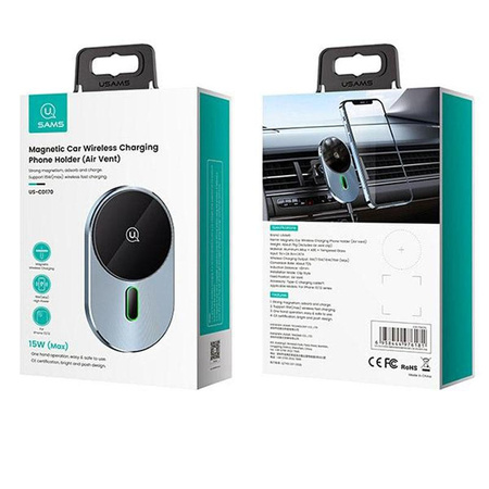 USAMS US-CD170 - Magnetický držák do auta s 15W bezdrátovým nabíjením (černý)
