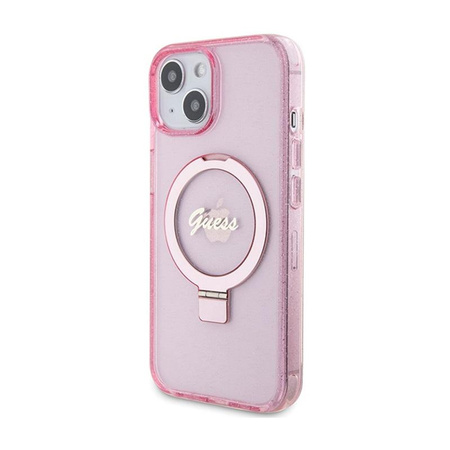 Guess Ring Stand Script Glitter MagSafe - iPhone 15 Plus Tasche (rosa)