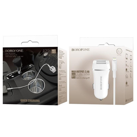 Borofone - chargeur de voiture 2x USB Câble Lightning inclus, blanc