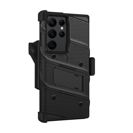 Řada ZIZO BOLT - Samsung Galaxy S23 Ultra pancéřované pouzdro s 9H sklem na displej + držák se stojánkem (černé)
