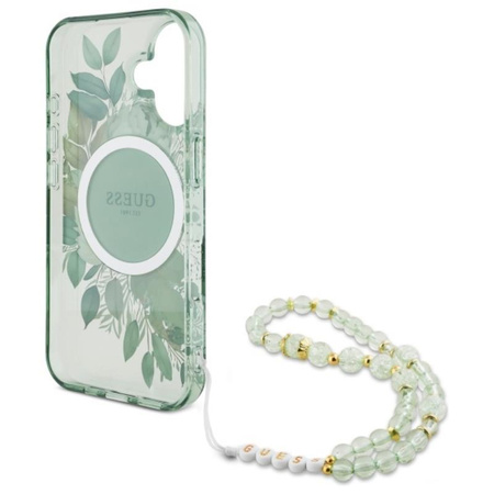 Guess IML Flowers With Pearl Strap MagSafe - pouzdro pro iPhone 16 Plus (zelené)