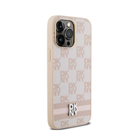 DKNY Leather Checkered Mono Pattern & Printed Stripes - iPhone 14 Pro Max Case (pink)