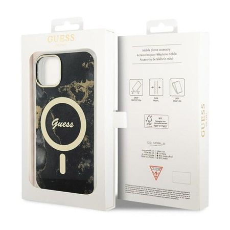 Guess Golden Marble MagSafe - Coque pour iPhone 14 Plus (Noir)