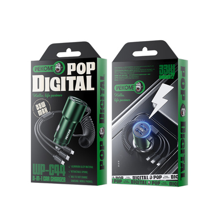 WEKOME WP-C44 Pop Digital Series - Autoladegerät mit integriertem 3-in-1 USB-C / Lightning / Micro USB + 2x USB-A 33W Kabel (Schwarz)