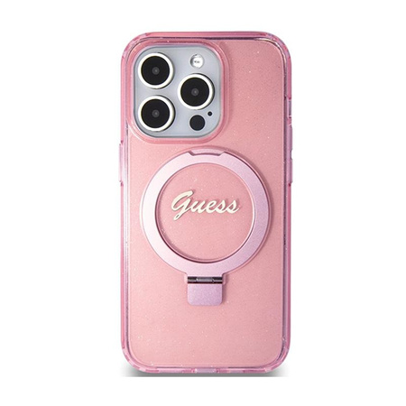 Guess Ring Stand Script Glitter MagSafe - iPhone 15 Pro Case (rose)