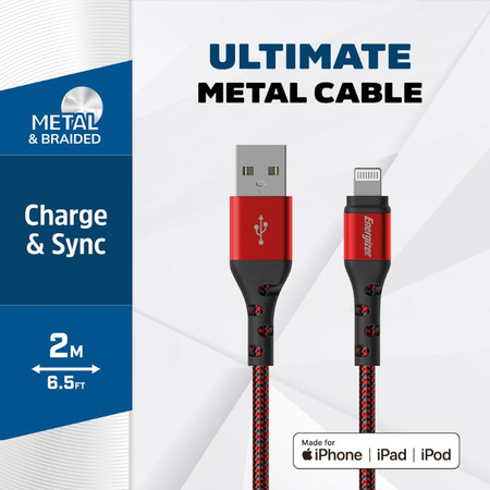Energizer Ultimate - Připojovací kabel USB-A na Lightning s certifikací MFi 2 m (červený)