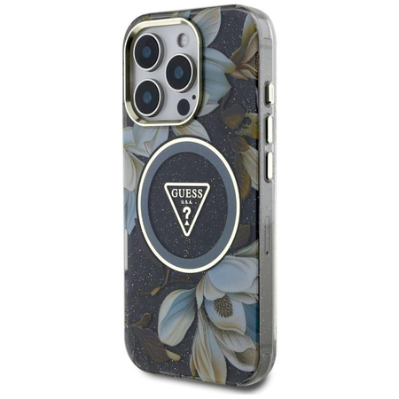 Guess Glitter Virágok háromszög gombok MagSafe - tok iPhone 16 Pro (fekete)